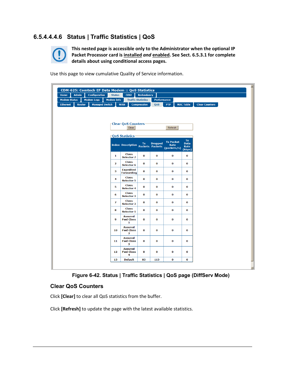 6 status | traffic statistics | qos | Comtech EF Data CDM-625 User Manual | Page 262 / 684