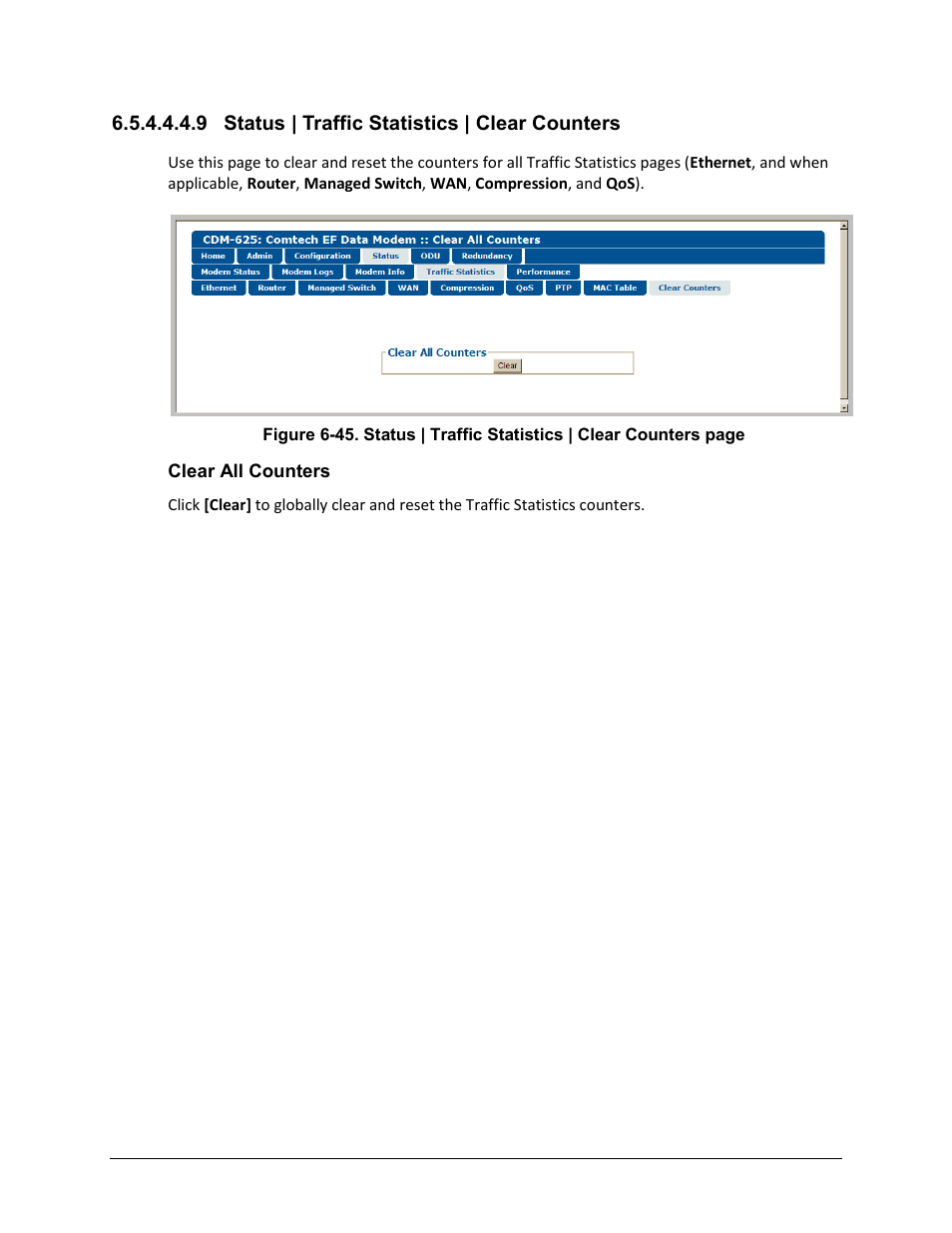 9 status | traffic statistics | clear counters | Comtech EF Data CDM-625 User Manual | Page 266 / 684