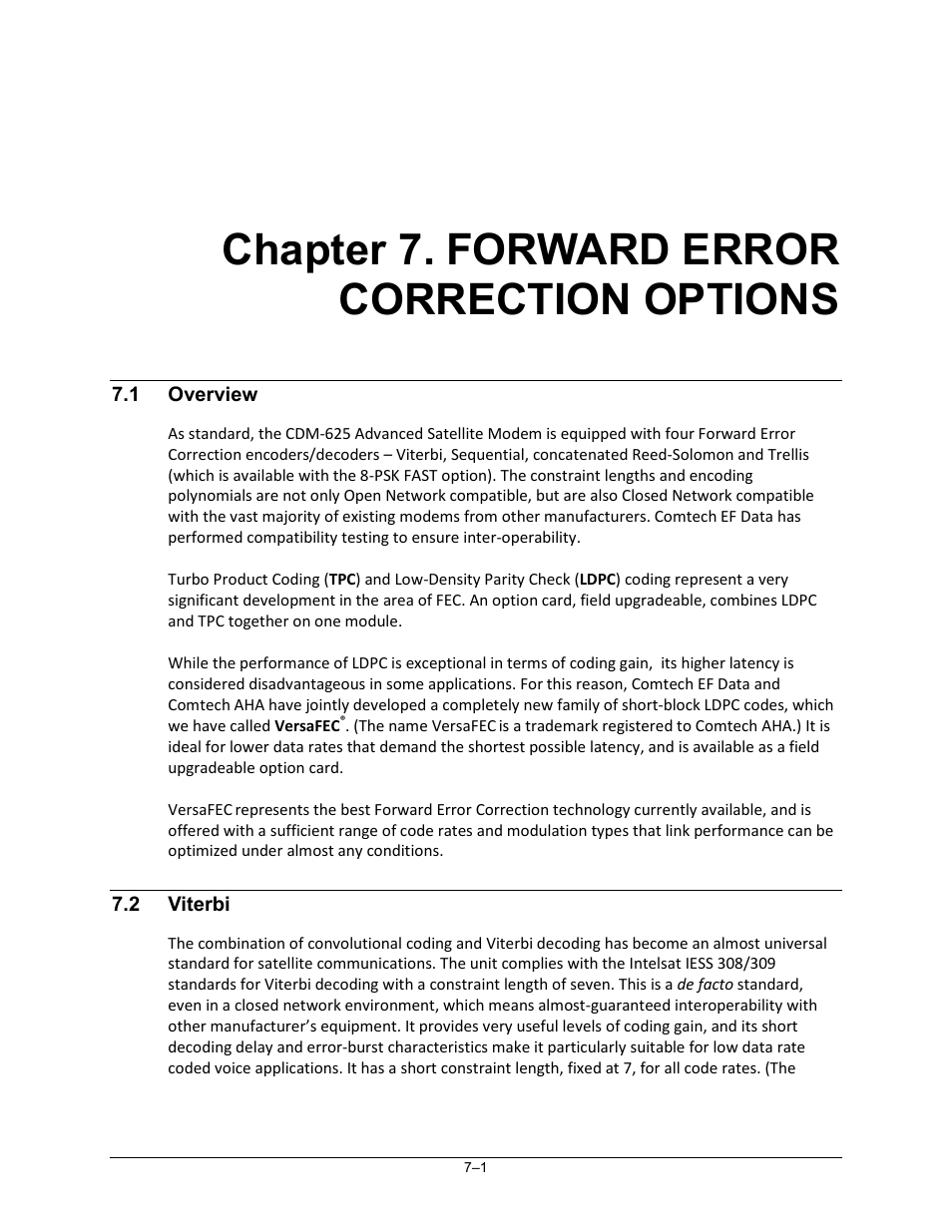 Chapter 7. forward error correction options, 1 overview, 2 viterbi | Comtech EF Data CDM-625 User Manual | Page 273 / 684