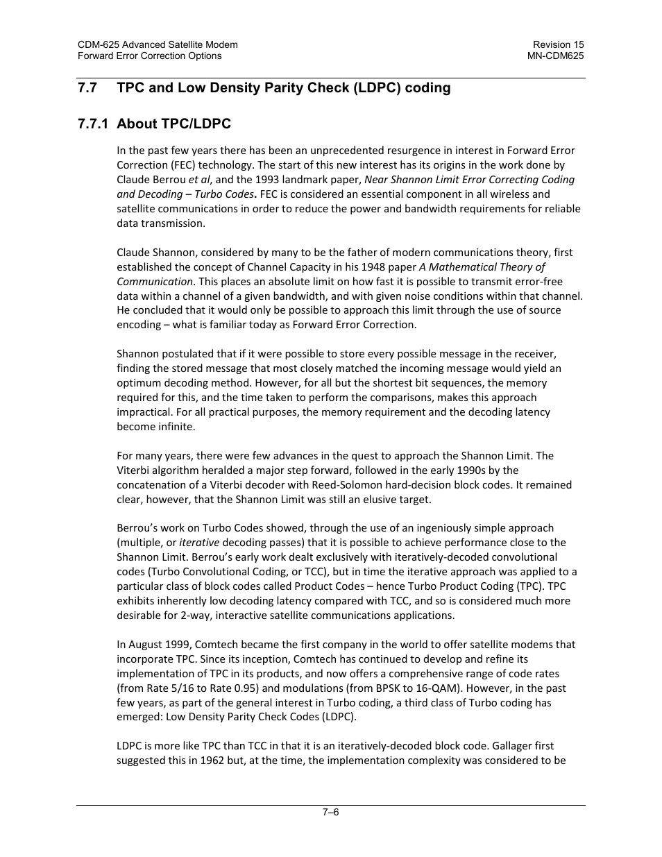 7 tpc and low density parity check (ldpc) coding, 1 about tpc/ldpc | Comtech EF Data CDM-625 User Manual | Page 278 / 684