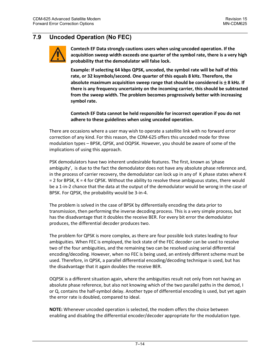 9 uncoded operation (no fec) | Comtech EF Data CDM-625 User Manual | Page 286 / 684