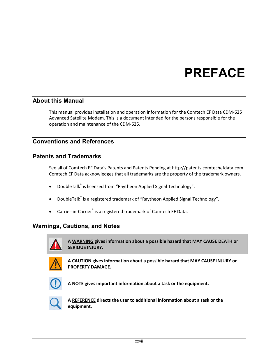 Preface, About this manual, Conventions and references | Patents and trademarks, Warnings, cautions, and notes | Comtech EF Data CDM-625 User Manual | Page 29 / 684