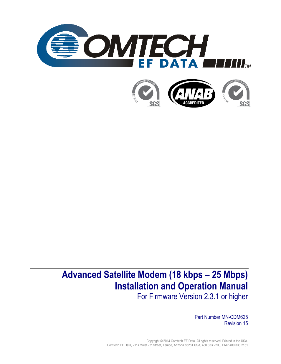 Inside cover, Cdm-625, For firmware version 2.3.1 or higher | Comtech EF Data CDM-625 User Manual | Page 3 / 684