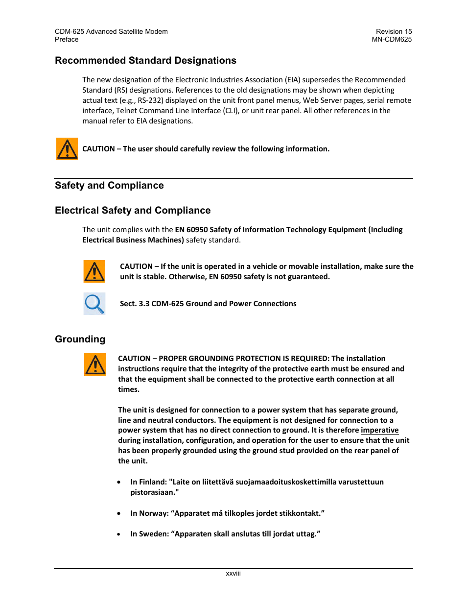 Recommended standard designations, Safety and compliance, Electrical safety and compliance | Grounding | Comtech EF Data CDM-625 User Manual | Page 30 / 684