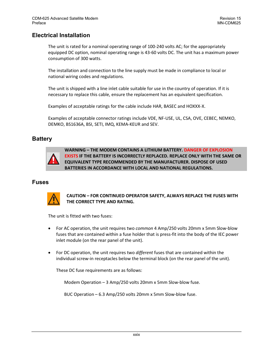 Electrical installation, Battery, Fuses | Comtech EF Data CDM-625 User Manual | Page 31 / 684