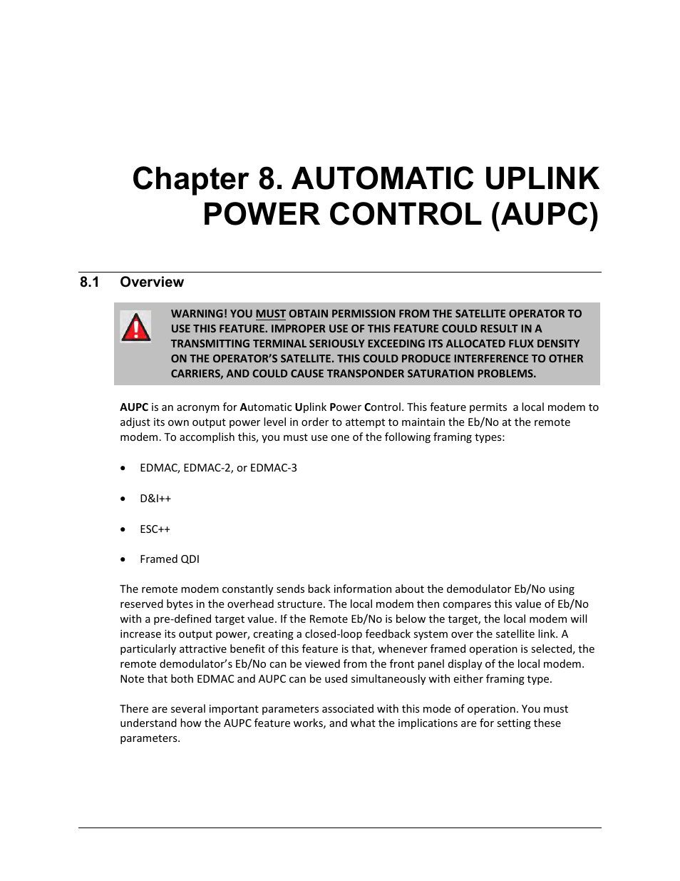 Chapter 8. automatic uplink power control (aupc), 1 overview | Comtech EF Data CDM-625 User Manual | Page 311 / 684