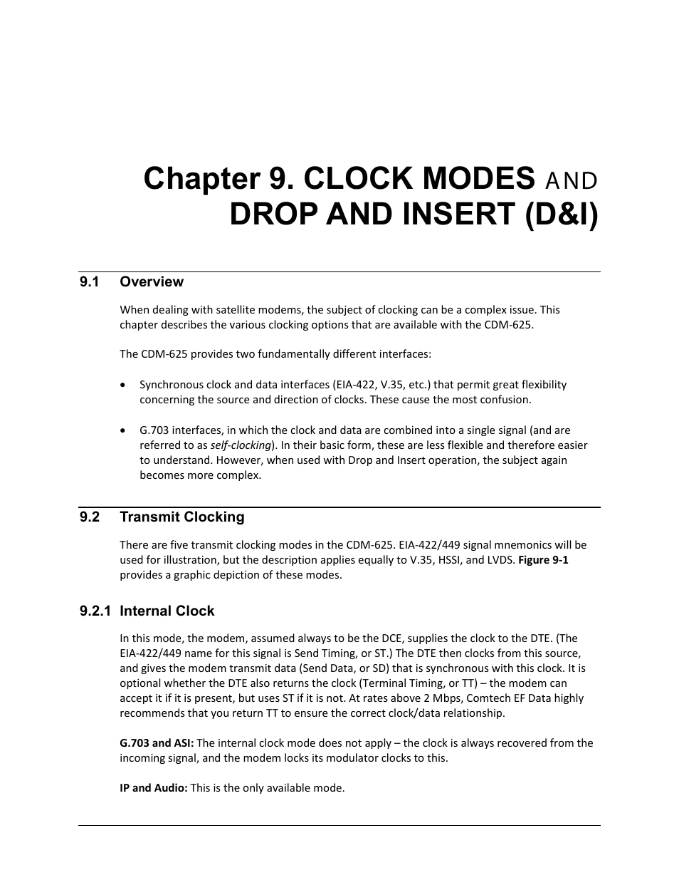 Chapter 9. clock modes and drop and insert (d&i), 1 overview, 2 transmit clocking | 1 internal clock, Chapter 9. clock modes, Drop and insert (d&i) | Comtech EF Data CDM-625 User Manual | Page 315 / 684