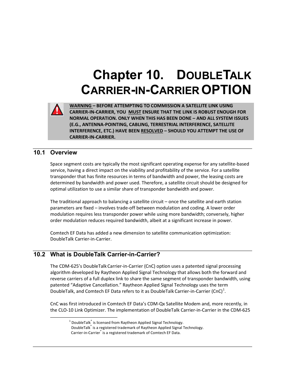 Chapter 10. doubletalk carrier-in-carrier option, 1 overview, 2 what is doubletalk carrier-in-carrier | Chapter 10. d, Option, Ouble, Arrier | Comtech EF Data CDM-625 User Manual | Page 331 / 684