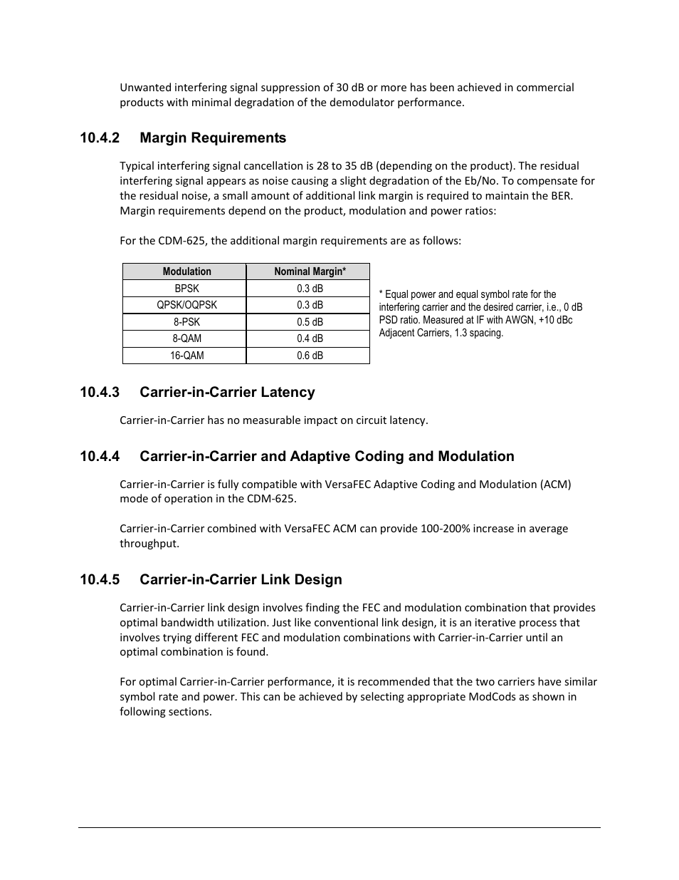 2 margin requirements, 3 carrier-in-carrier latency, 5 carrier-in-carrier link design | Comtech EF Data CDM-625 User Manual | Page 339 / 684