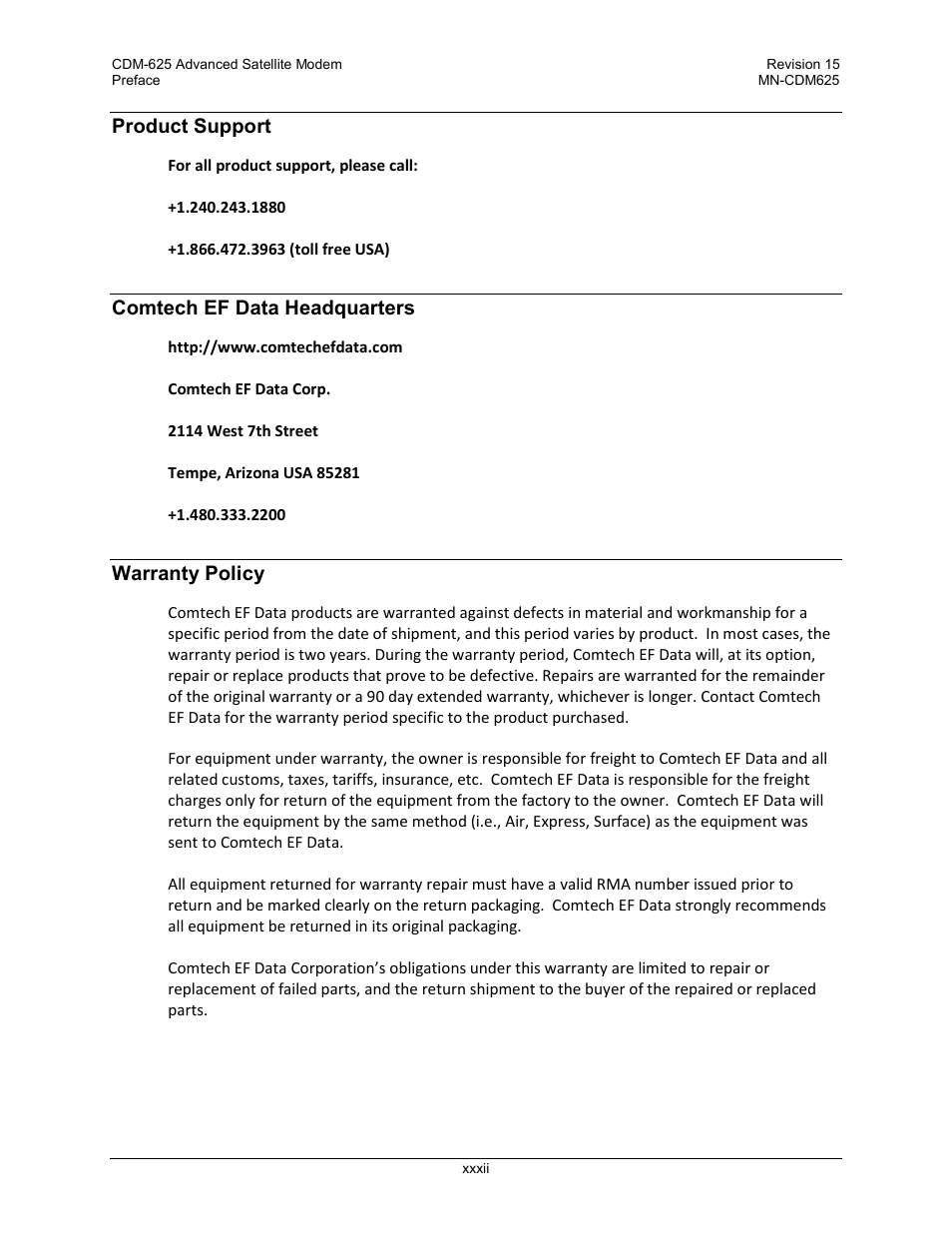 Product support, Comtech ef data headquarters, Warranty policy | Comtech EF Data CDM-625 User Manual | Page 34 / 684