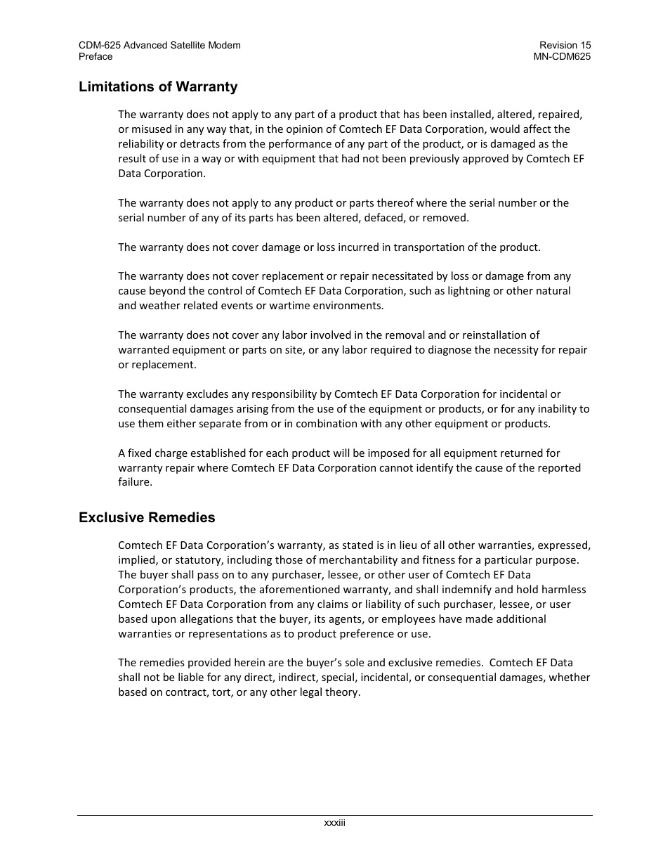 Limitations of warranty, Exclusive remedies | Comtech EF Data CDM-625 User Manual | Page 35 / 684