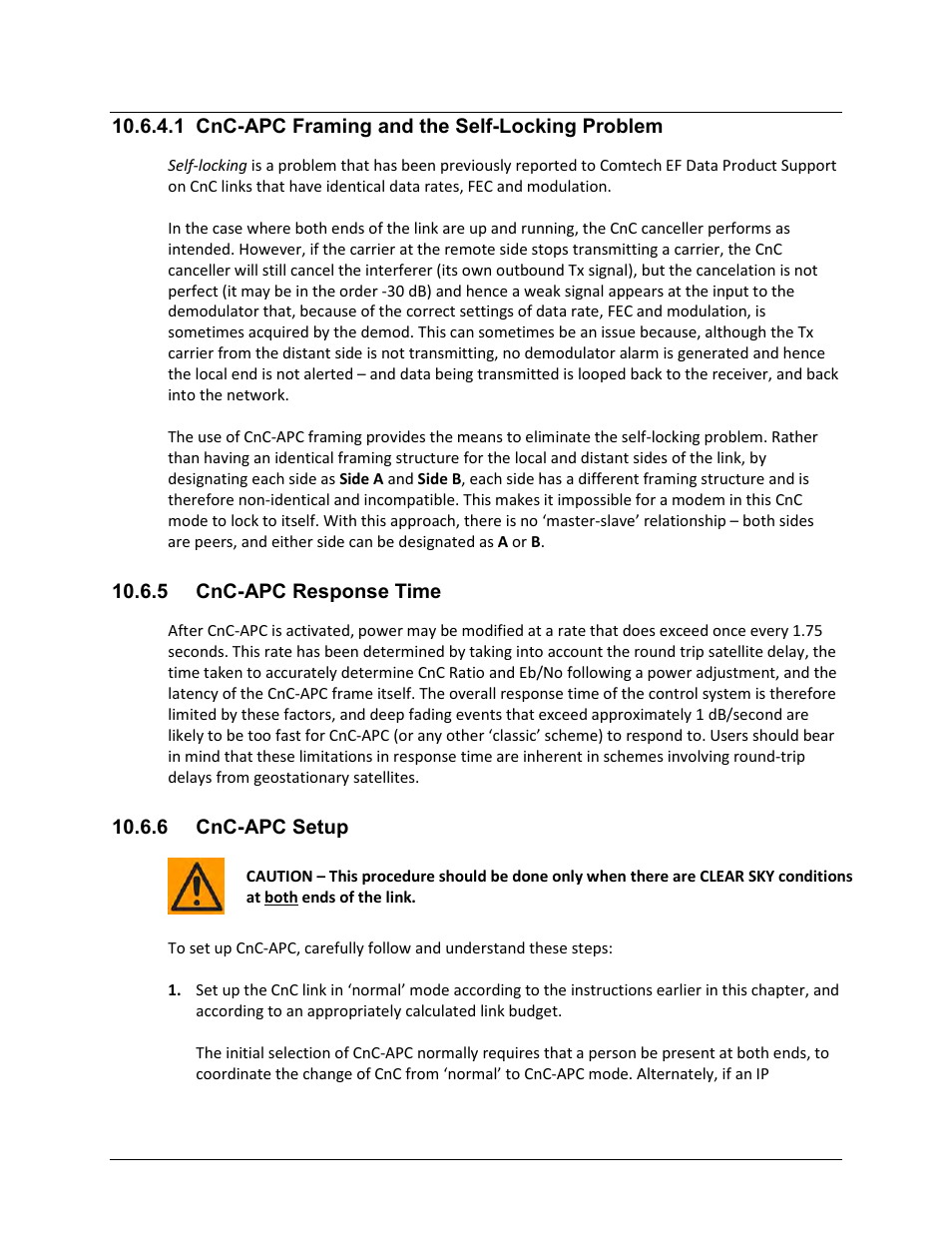 1 cnc-apc framing and the self-locking problem, 5 cnc-apc response time, 6 cnc-apc setup | Comtech EF Data CDM-625 User Manual | Page 354 / 684