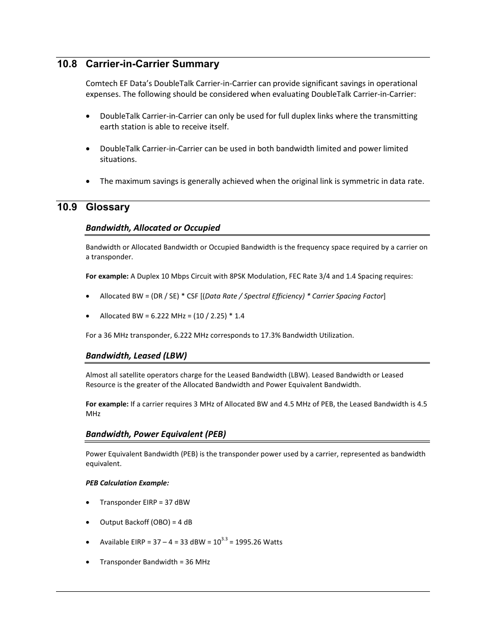 8 carrier-in-carrier summary, 9 glossary, Bandwidth, allocated or occupied | Bandwidth, leased (lbw), Bandwidth, power equivalent (peb) | Comtech EF Data CDM-625 User Manual | Page 359 / 684