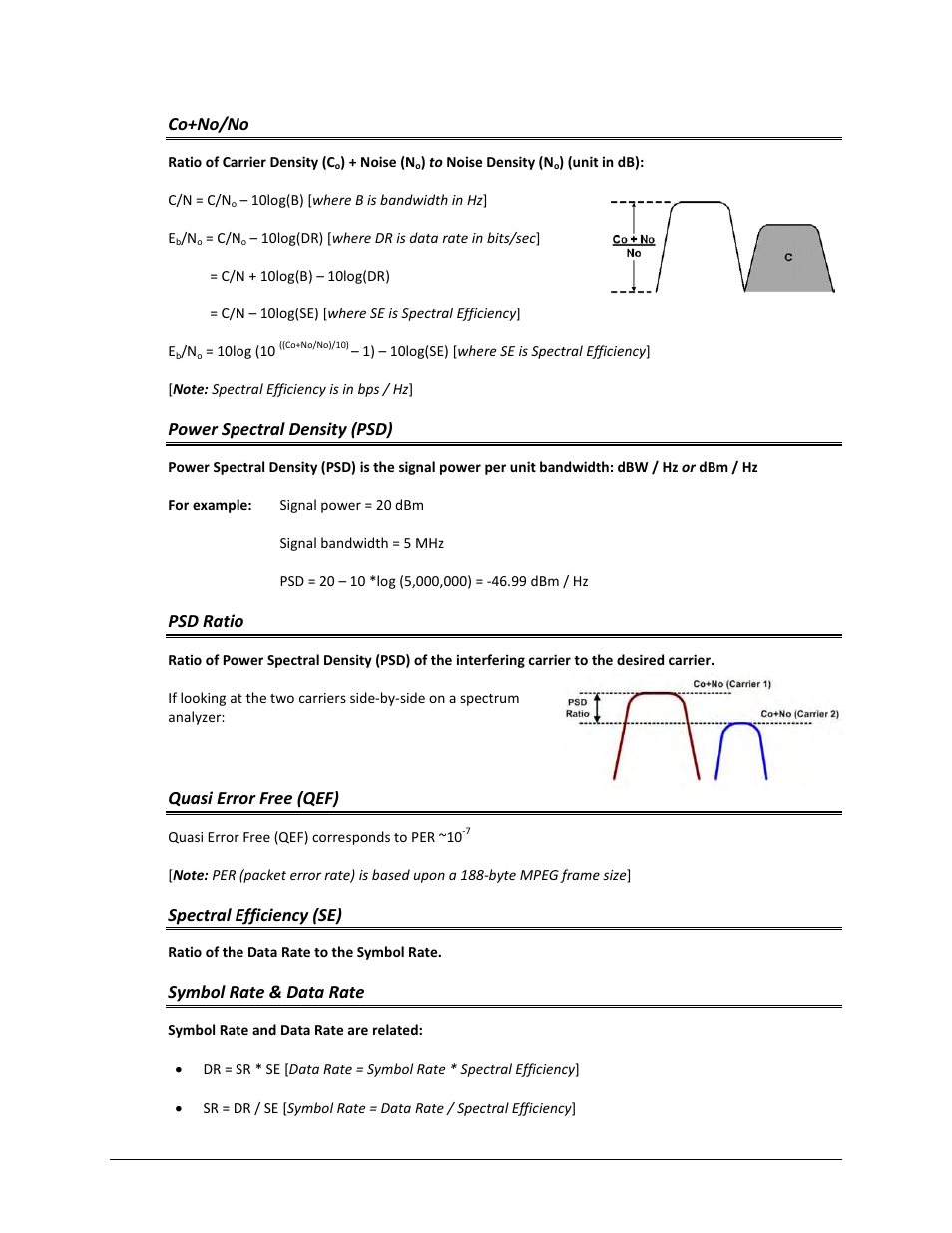 Co+no/no, Power spectral density (psd), Psd ratio | Quasi error free (qef), Spectral efficiency (se), Symbol rate & data rate | Comtech EF Data CDM-625 User Manual | Page 361 / 684