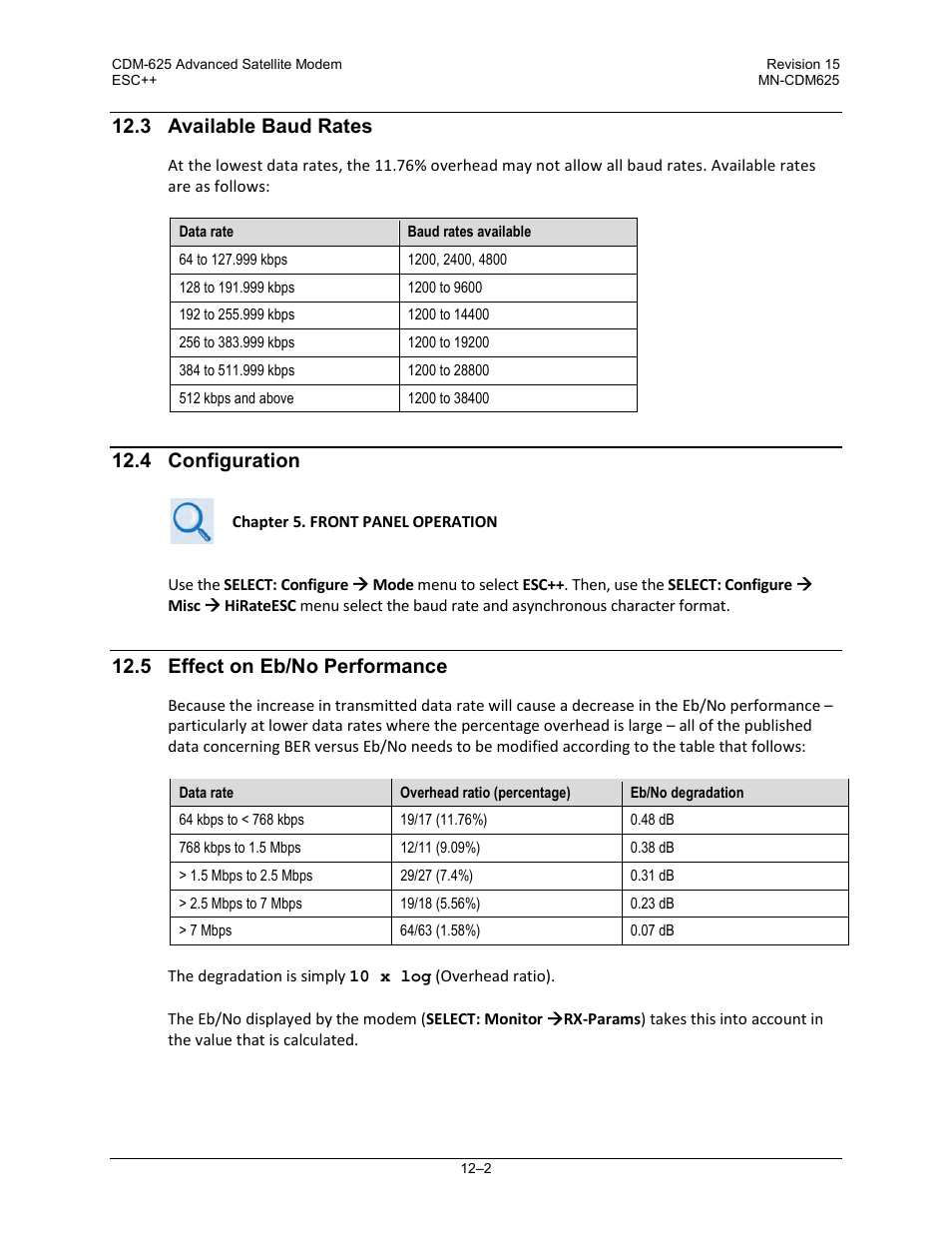 3 available baud rates, 4 configuration, 5 effect on eb/no performance | Comtech EF Data CDM-625 User Manual | Page 368 / 684