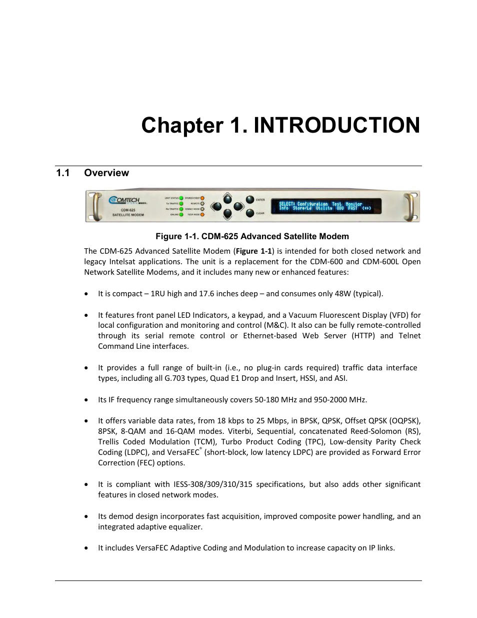 Chapter 1. introduction, 1 overview | Comtech EF Data CDM-625 User Manual | Page 37 / 684