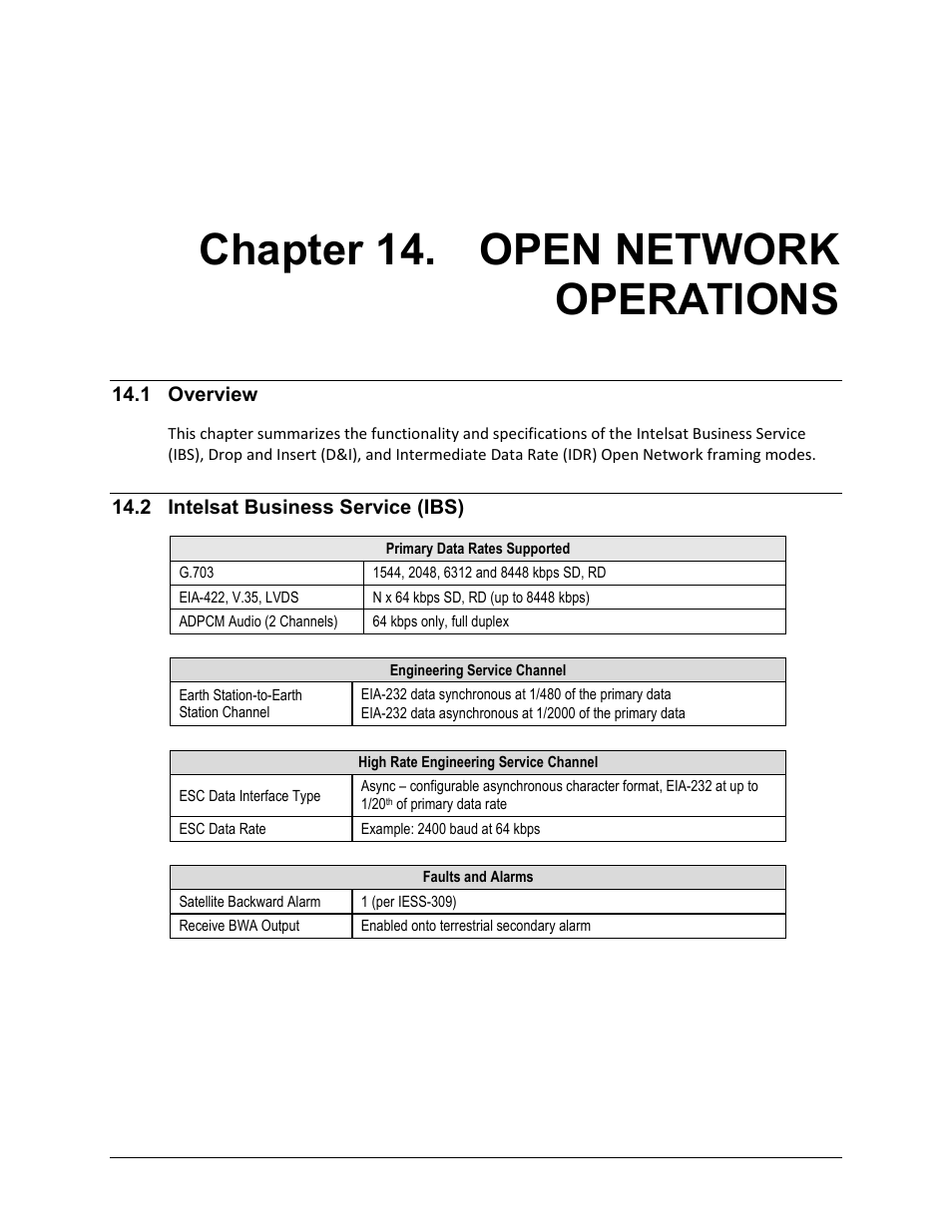 Chapter 14. open network operations, 1 overview, 2 intelsat business service (ibs) | Comtech EF Data CDM-625 User Manual | Page 371 / 684