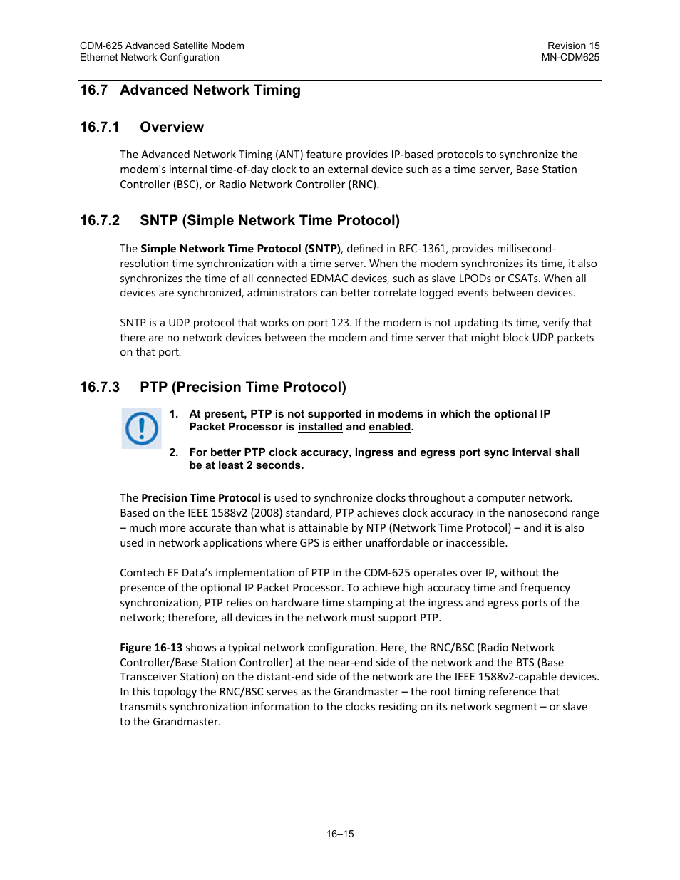 7 advanced network timing, 1 overview, 2 sntp (simple network time protocol) | 3 ptp (precision time protocol) | Comtech EF Data CDM-625 User Manual | Page 393 / 684