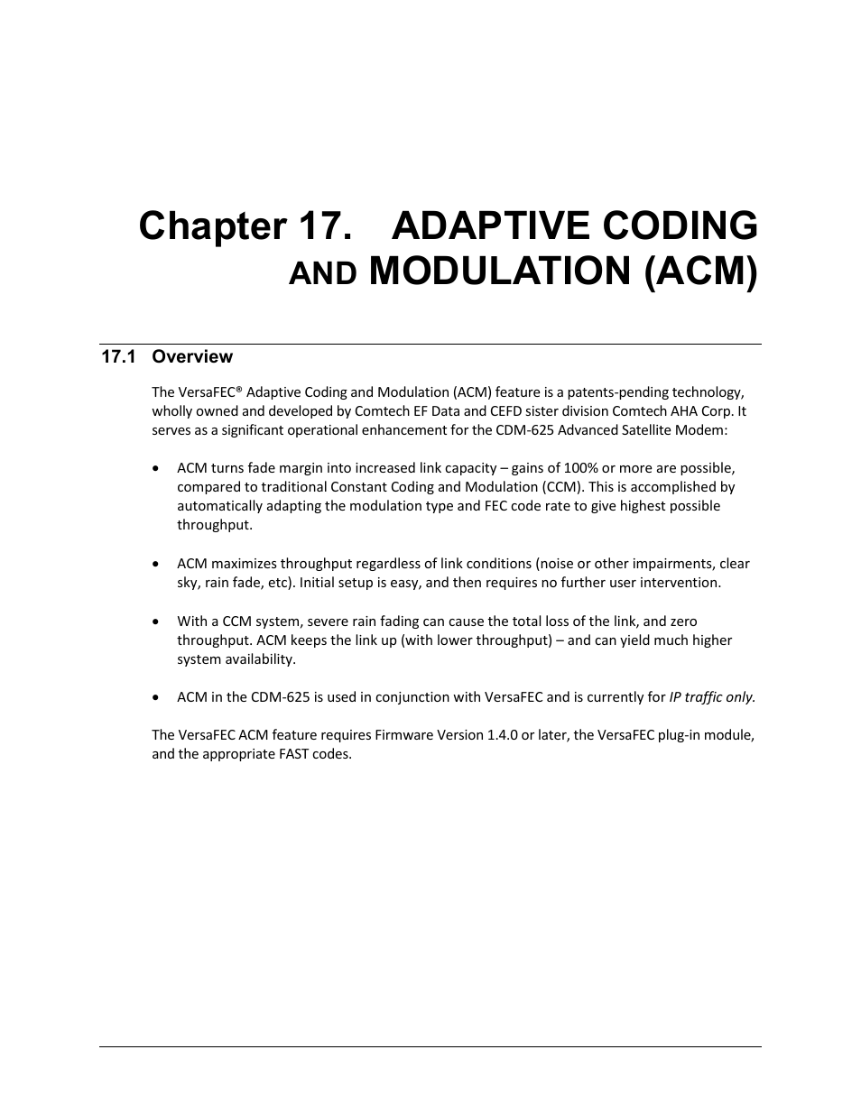 Chapter 17. adaptive coding and modulation (acm), 1 overview, Chapter 17. adaptive coding | Modulation (acm) | Comtech EF Data CDM-625 User Manual | Page 397 / 684