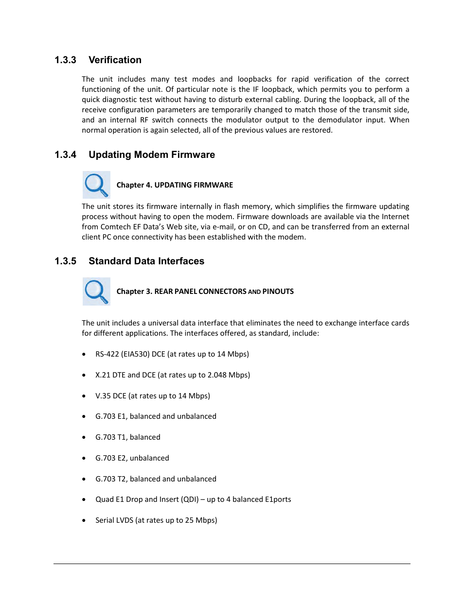 3 verification, 4 updating modem firmware, 5 standard data interfaces | Comtech EF Data CDM-625 User Manual | Page 40 / 684