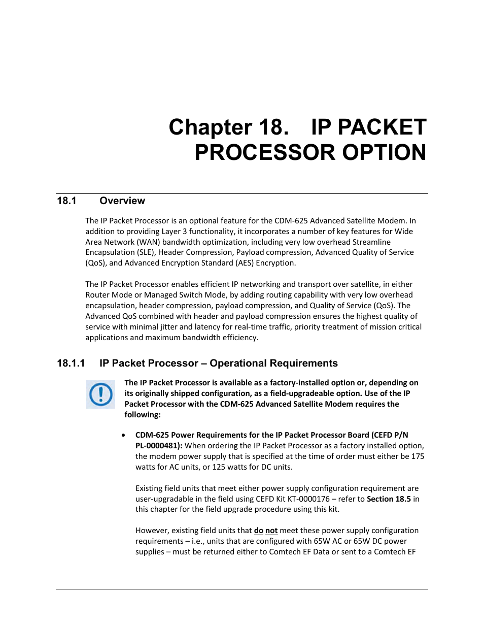 Chapter 18. ip packet processor option, 1 overview, 1 ip packet processor – operational requirements | Comtech EF Data CDM-625 User Manual | Page 413 / 684