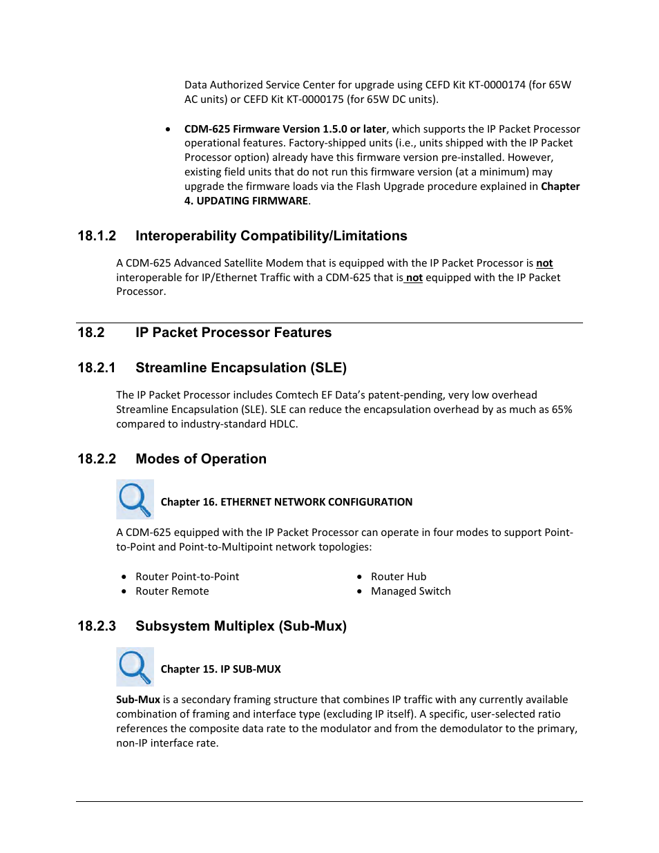 2 interoperability compatibility/limitations, 2 ip packet processor features, 1 streamline encapsulation (sle) | 2 modes of operation, 3 subsystem multiplex (sub-mux) | Comtech EF Data CDM-625 User Manual | Page 414 / 684