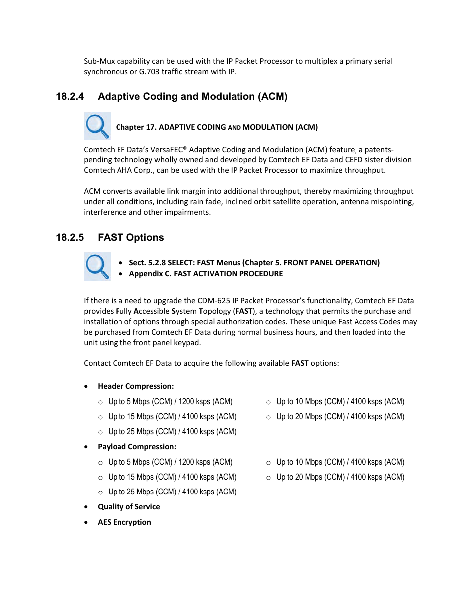 4 adaptive coding and modulation (acm), 5 fast options | Comtech EF Data CDM-625 User Manual | Page 415 / 684