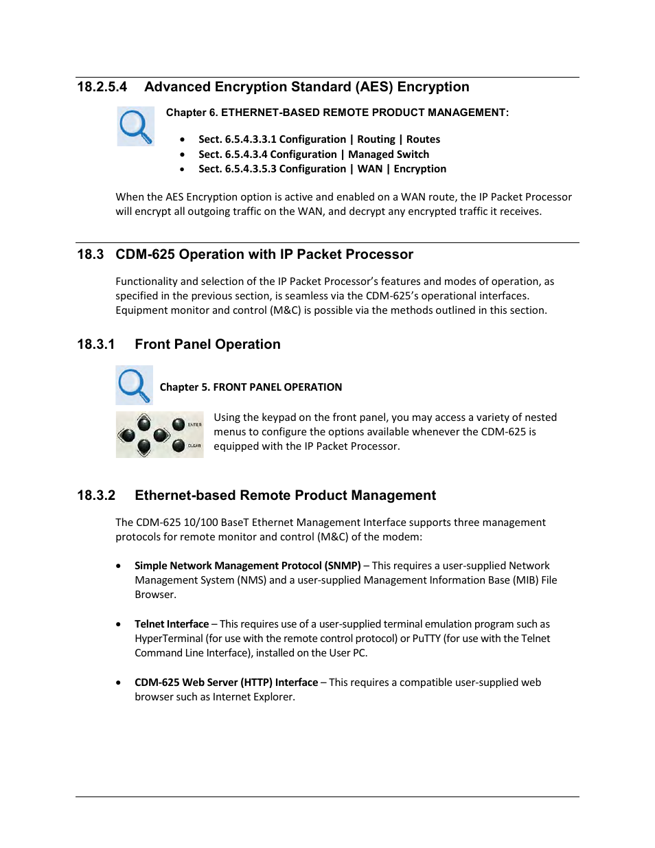 4 advanced encryption standard (aes) encryption, 3 cdm-625 operation with ip packet processor, 1 front panel operation | 2 ethernet-based remote product management | Comtech EF Data CDM-625 User Manual | Page 417 / 684