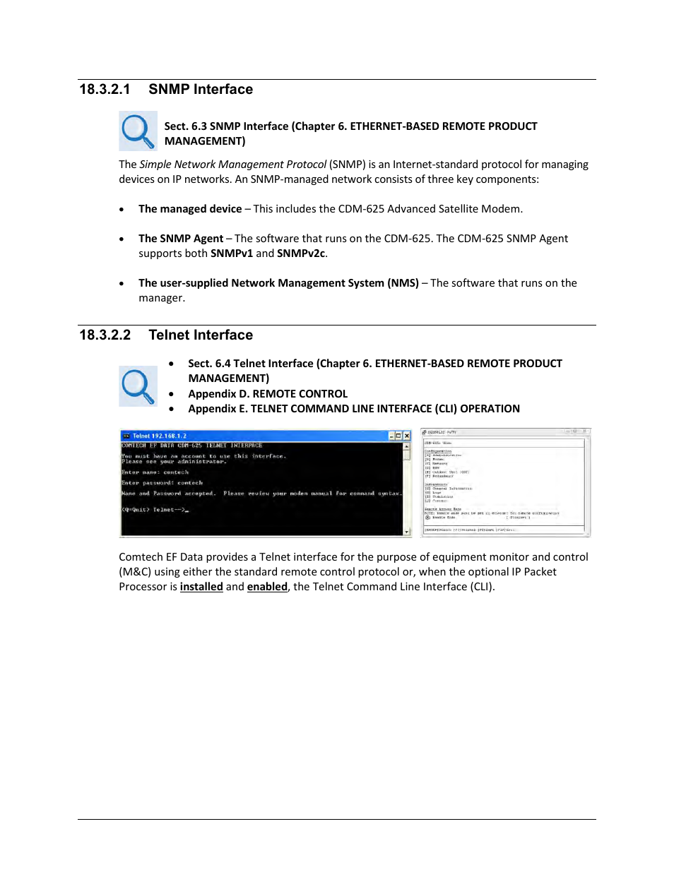 1 snmp interface, 2 telnet interface | Comtech EF Data CDM-625 User Manual | Page 418 / 684