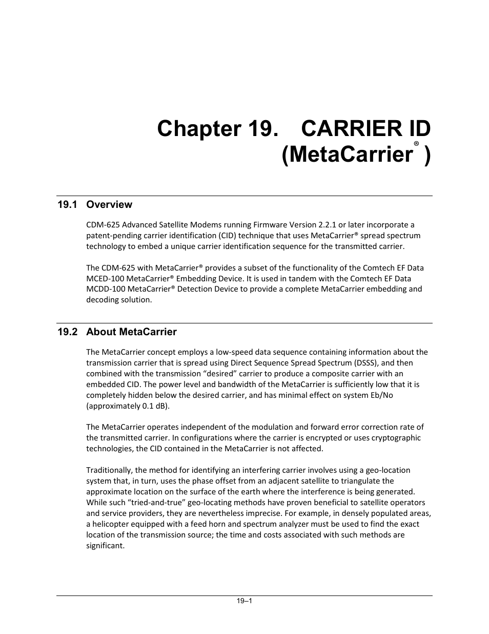 Chapter 19. carrier id (metacarrier®), 1 overview, 2 about metacarrier | Chapter 19. carrier id (metacarrier | Comtech EF Data CDM-625 User Manual | Page 427 / 684