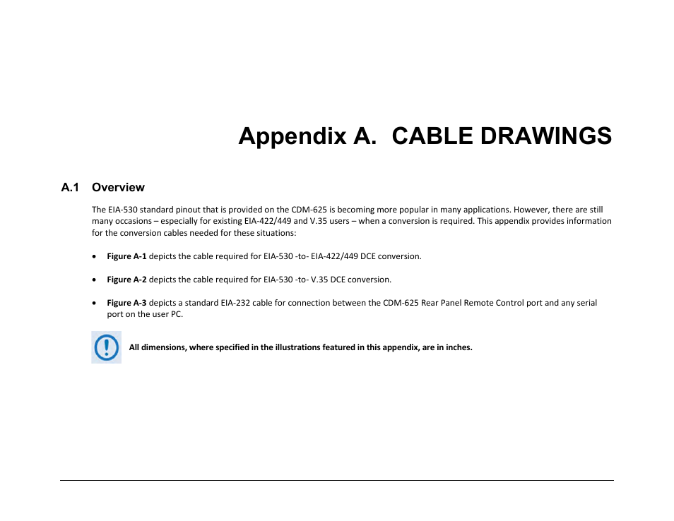 Appendix a. cable drawings, A.1 overview | Comtech EF Data CDM-625 User Manual | Page 451 / 684