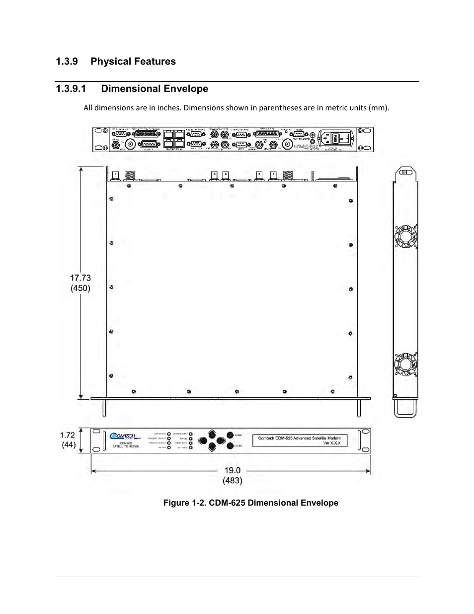 9 physical features, 1 dimensional envelope | Comtech EF Data CDM-625 User Manual | Page 46 / 684