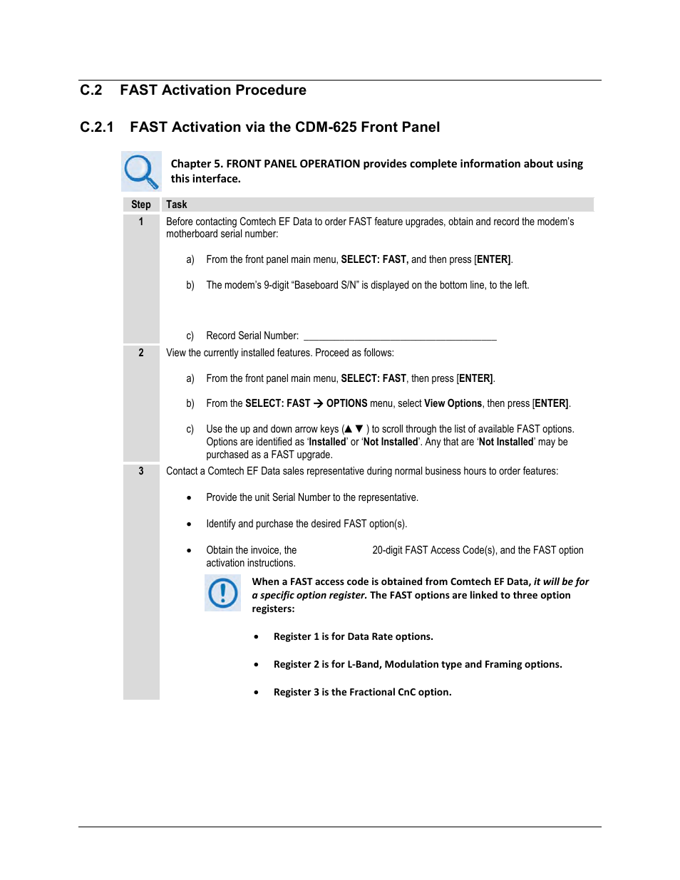 C.2 fast activation procedure, C.2.1 fast activation via the cdm-625 front panel | Comtech EF Data CDM-625 User Manual | Page 460 / 684