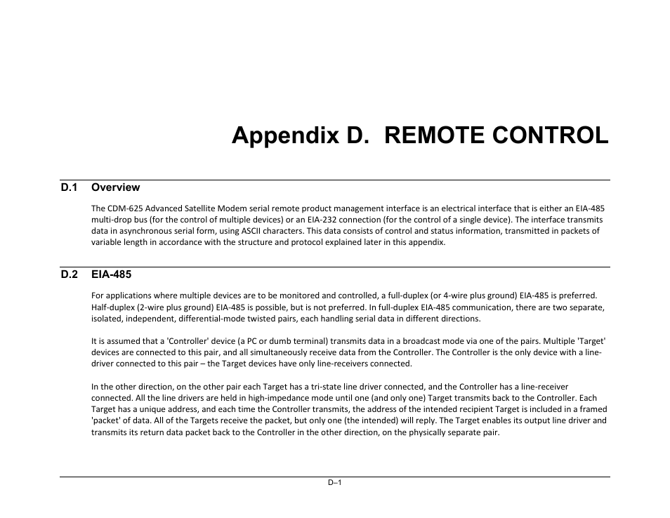 Appendix d. remote control, D.1 overview, D.2 eia-485 | Comtech EF Data CDM-625 User Manual | Page 465 / 684