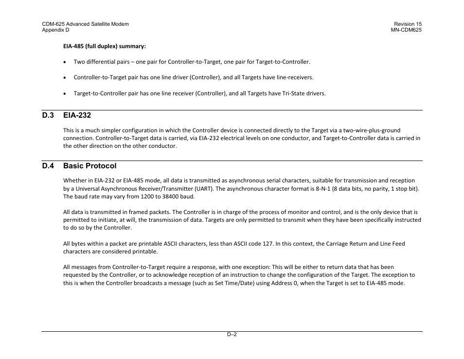 D.3 eia-232, D.4 basic protocol | Comtech EF Data CDM-625 User Manual | Page 466 / 684