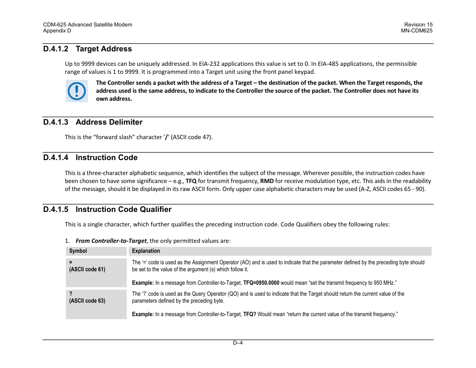 D.4.1.2 target address, D.4.1.3 address delimiter, D.4.1.4 instruction code | D.4.1.5 instruction code qualifier | Comtech EF Data CDM-625 User Manual | Page 468 / 684