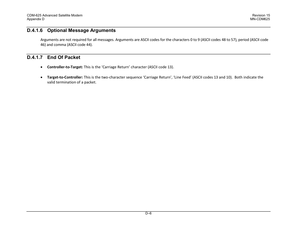 D.4.1.6 optional message arguments, D.4.1.7 end of packet | Comtech EF Data CDM-625 User Manual | Page 470 / 684