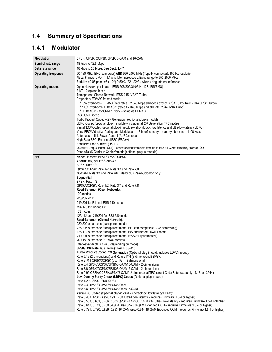 4 summary of specifications, 1 modulator, 4 summary of specifications 1.4.1 modulator | Comtech EF Data CDM-625 User Manual | Page 49 / 684