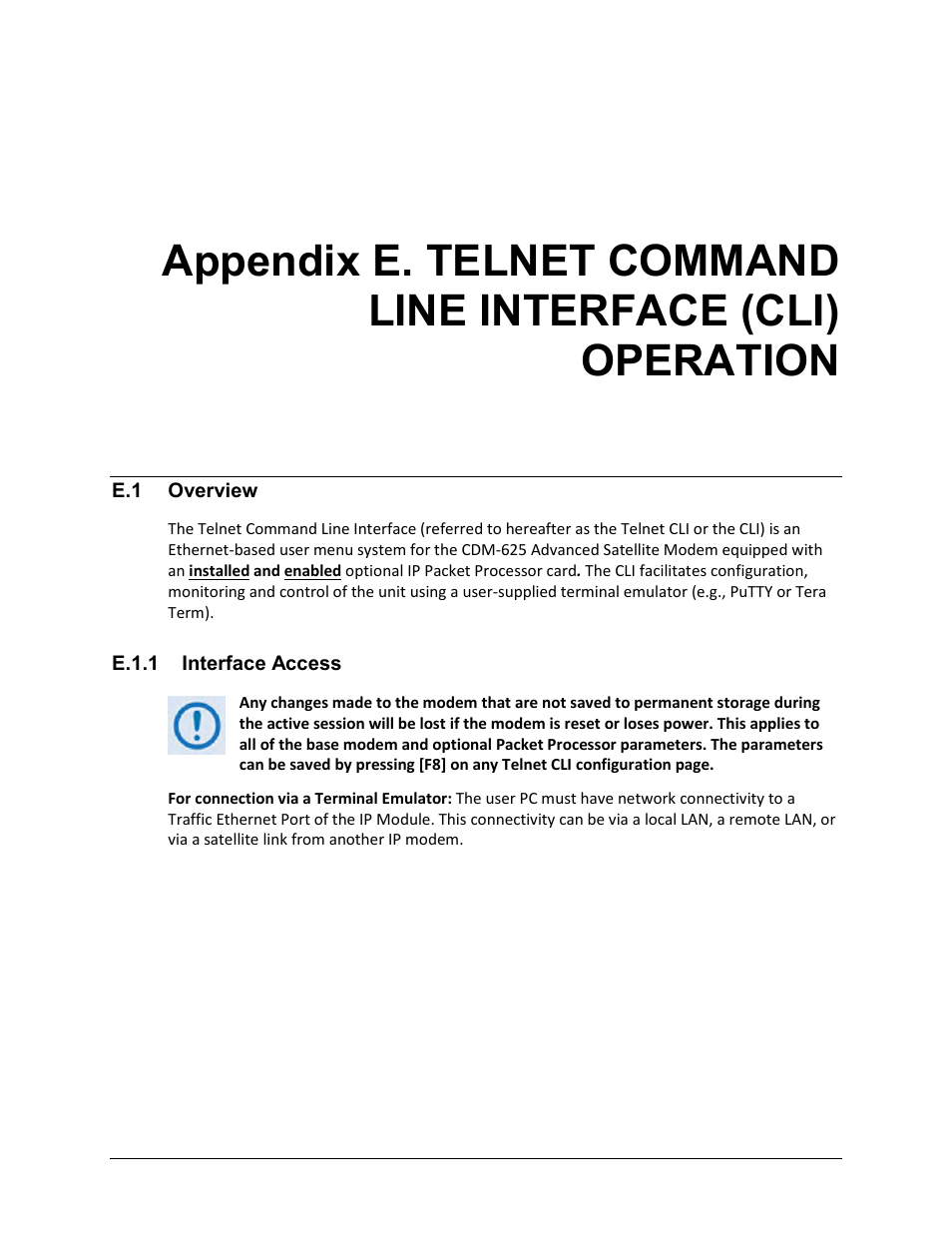 E.1 overview, E.1.1 interface access | Comtech EF Data CDM-625 User Manual | Page 529 / 684