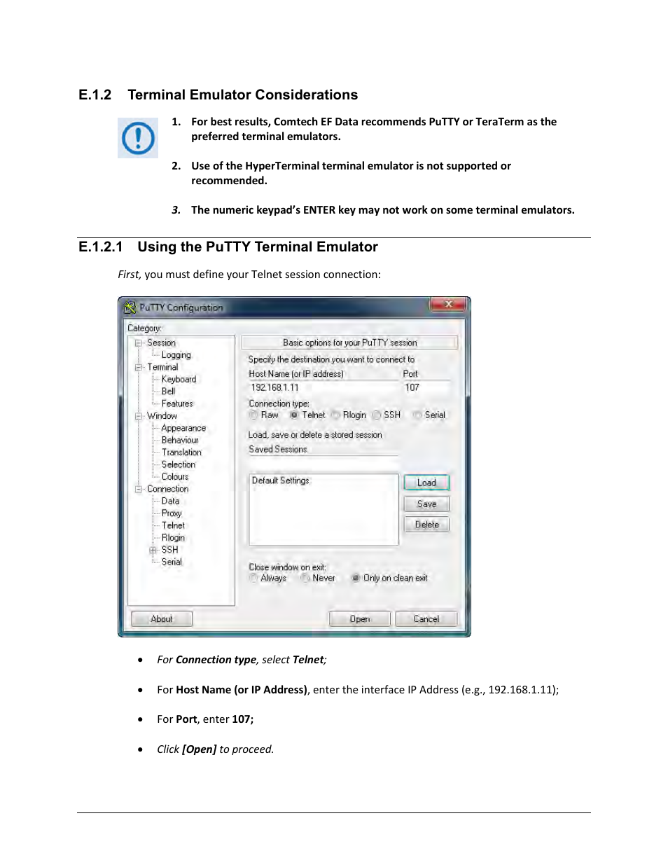 E.1.2 terminal emulator considerations, E.1.2.1 using the putty terminal emulator | Comtech EF Data CDM-625 User Manual | Page 530 / 684