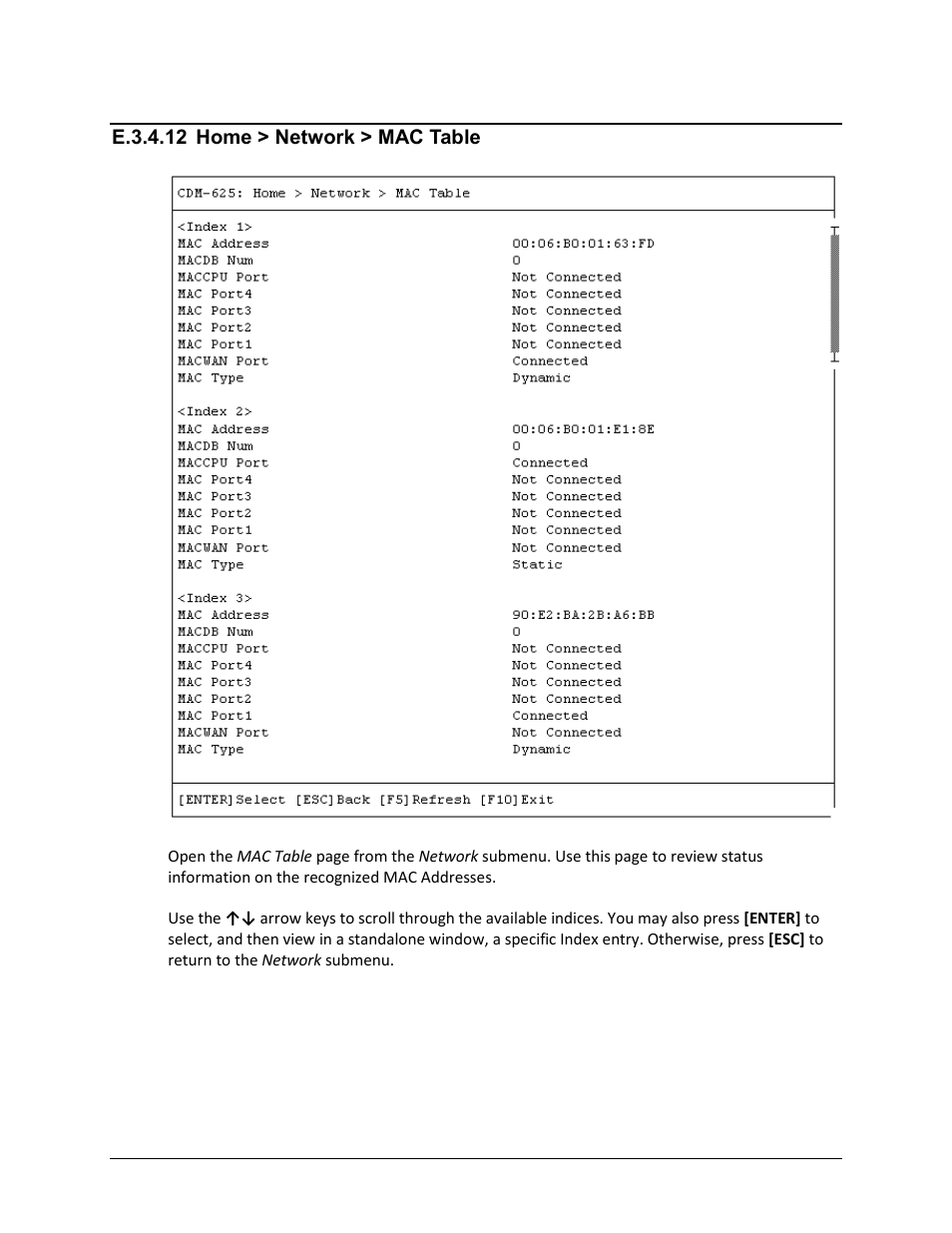 E.3.4.12 home > network > mac table, E.3.5 | Comtech EF Data CDM-625 User Manual | Page 583 / 684