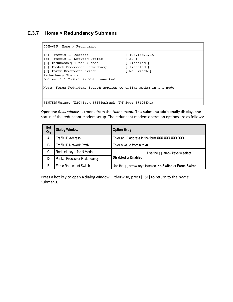 E.3.7 home > redundancy submenu, E.3.8 | Comtech EF Data CDM-625 User Manual | Page 591 / 684