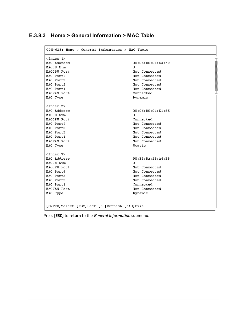 E.3.8.3 home > general information > mac table, E.3.8.3, E.3.8.4 | Comtech EF Data CDM-625 User Manual | Page 595 / 684