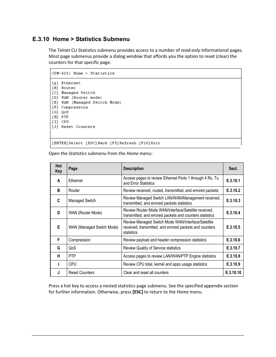 E.3.10 home > statistics submenu, E.3.10 | Comtech EF Data CDM-625 User Manual | Page 603 / 684