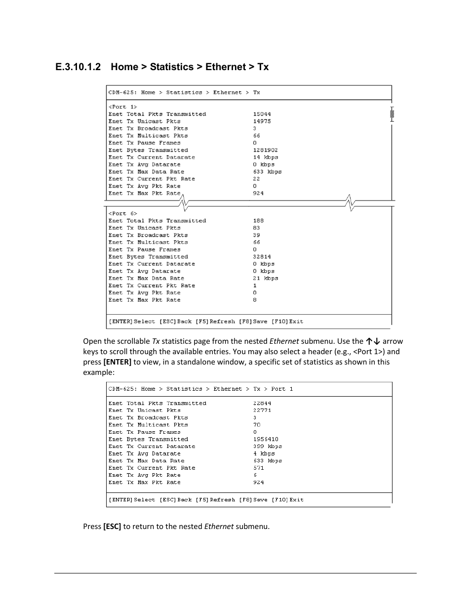 E.3.10.1.2 home > statistics > ethernet > tx | Comtech EF Data CDM-625 User Manual | Page 606 / 684