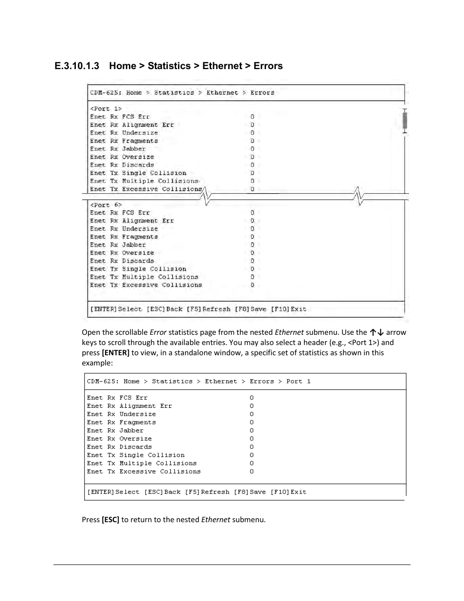 E.3.10.1.3 home > statistics > ethernet > errors | Comtech EF Data CDM-625 User Manual | Page 607 / 684