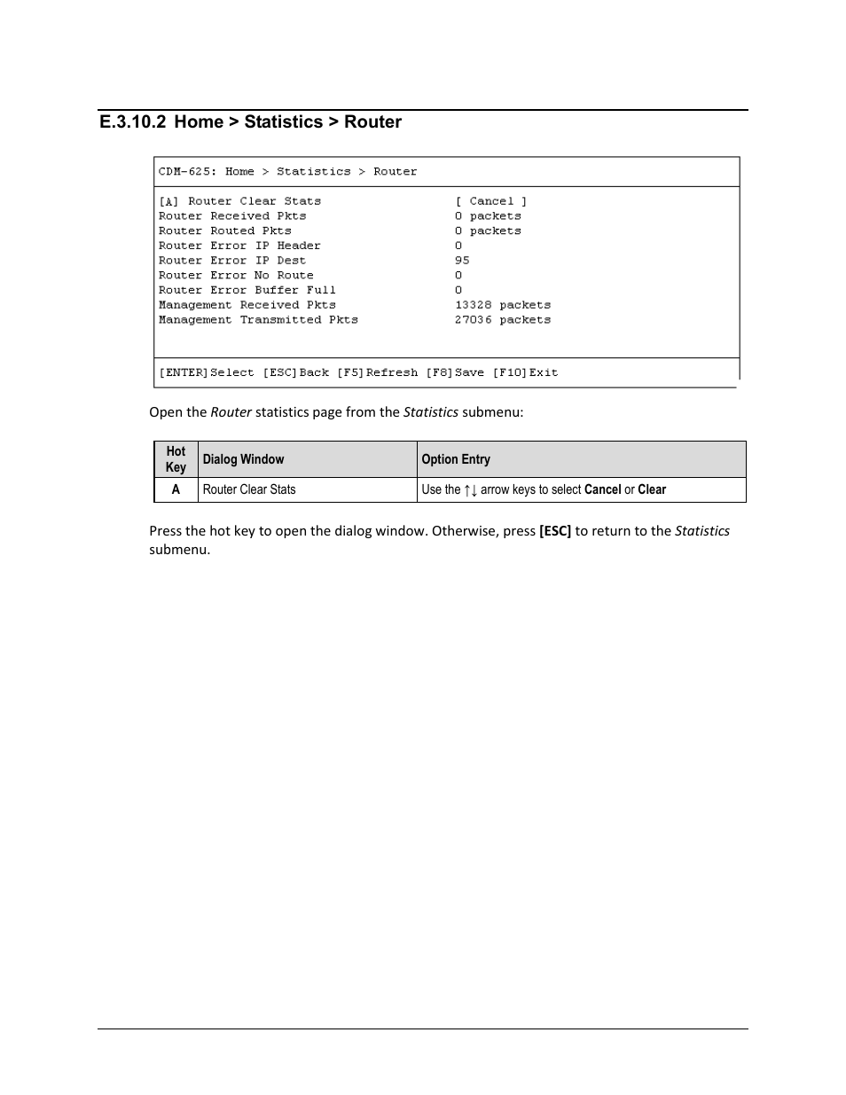 E.3.10.2 home > statistics > router, E.3.10.2, E.3.10.3 | Comtech EF Data CDM-625 User Manual | Page 608 / 684