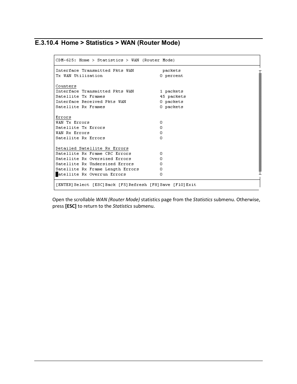 E.3.10.4 home > statistics > wan (router mode) | Comtech EF Data CDM-625 User Manual | Page 610 / 684