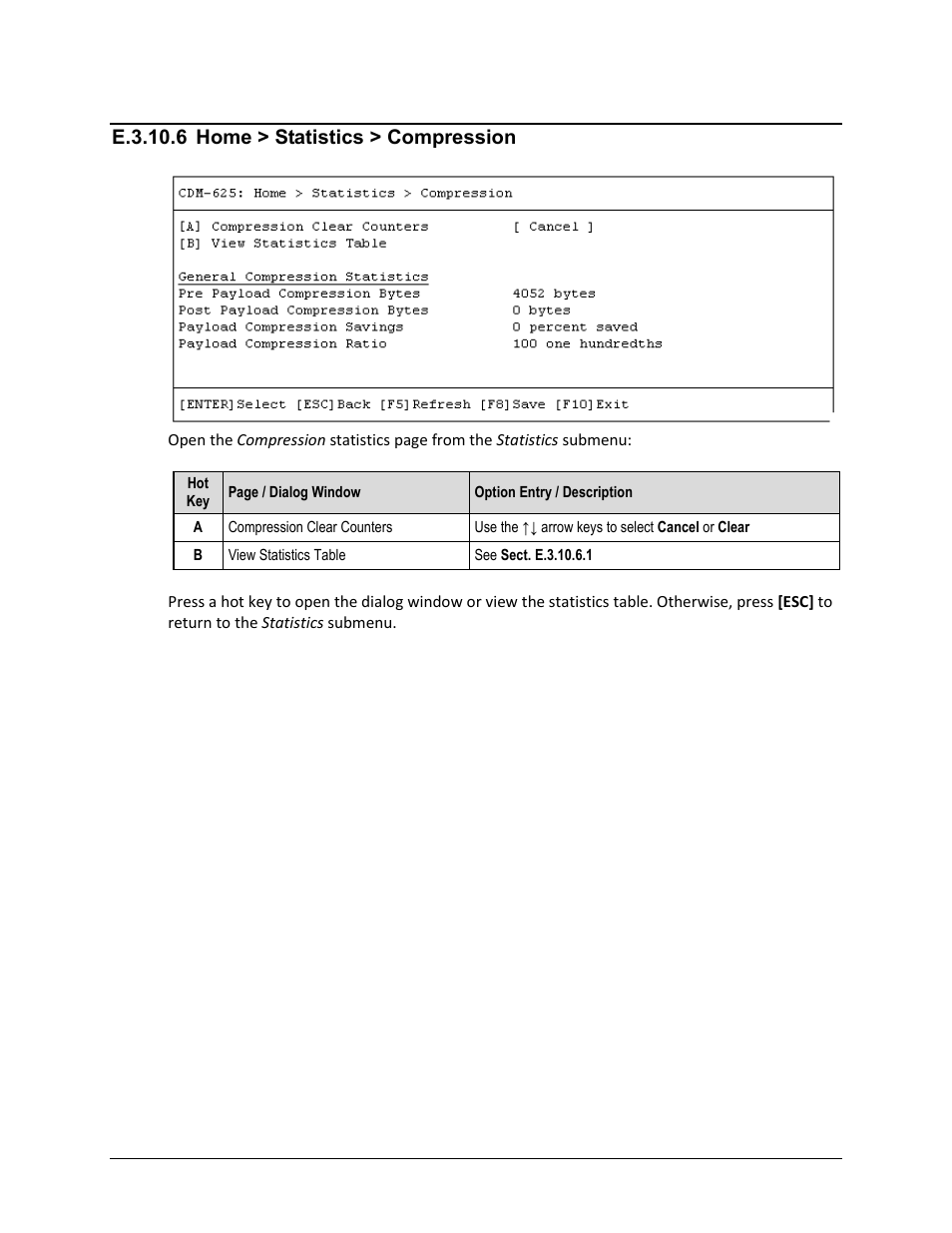 E.3.10.6 home > statistics > compression, E.3.10.6 | Comtech EF Data CDM-625 User Manual | Page 612 / 684