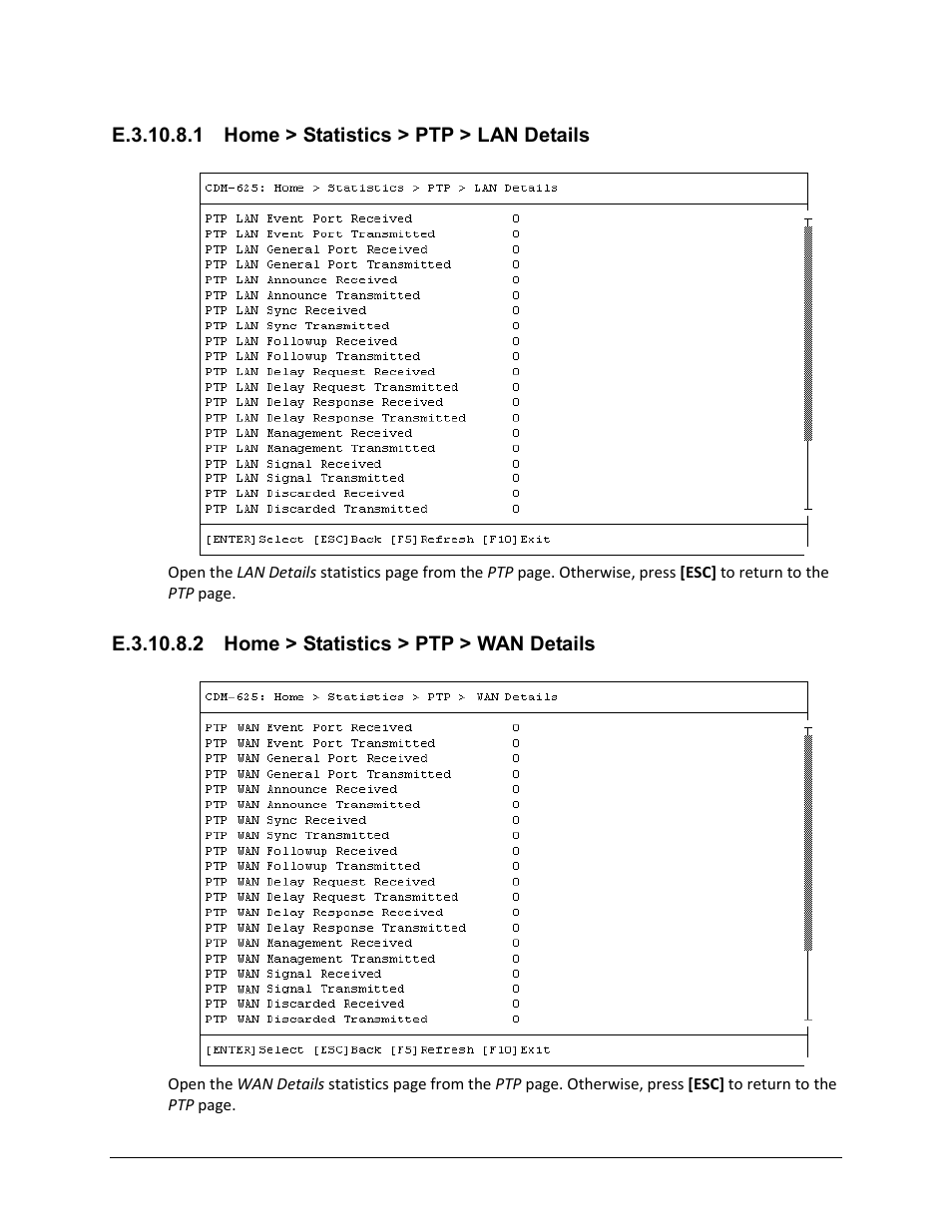 E.3.10.8.1 home > statistics > ptp > lan details, E.3.10.8.2 home > statistics > ptp > wan details | Comtech EF Data CDM-625 User Manual | Page 616 / 684